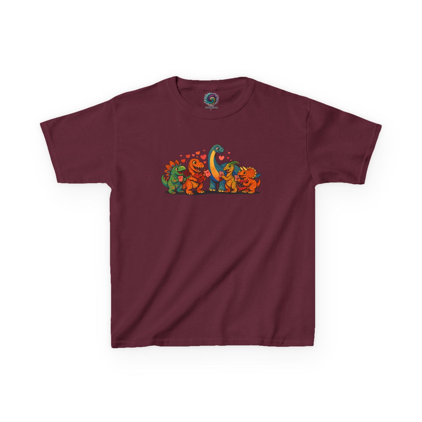 Kids Dino Friends T-Shirt – Cute Cartoon Dinosaurs Graphic Tee for Children lay flat in maroon, cute cartoon dinosaur friends graphic for kids