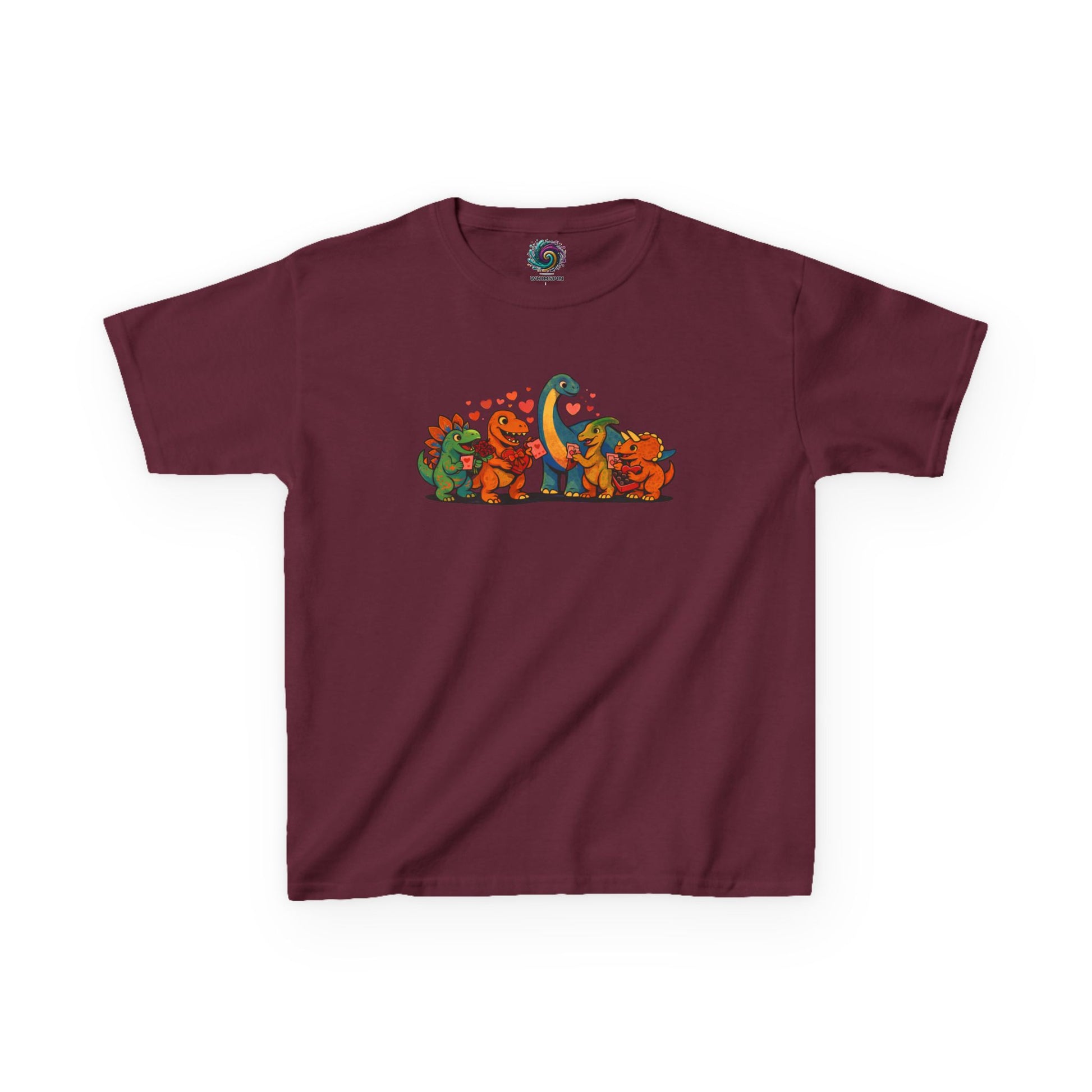 Kids Dino Friends T-Shirt – Cute Cartoon Dinosaurs Graphic Tee for Children lay flat in maroon, cute cartoon dinosaur friends graphic for kids