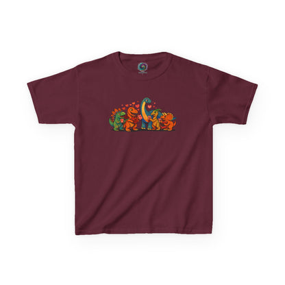 Kids Dino Friends T-Shirt – Cute Cartoon Dinosaurs Graphic Tee for Children lay flat in maroon, cute cartoon dinosaur friends graphic for kids
