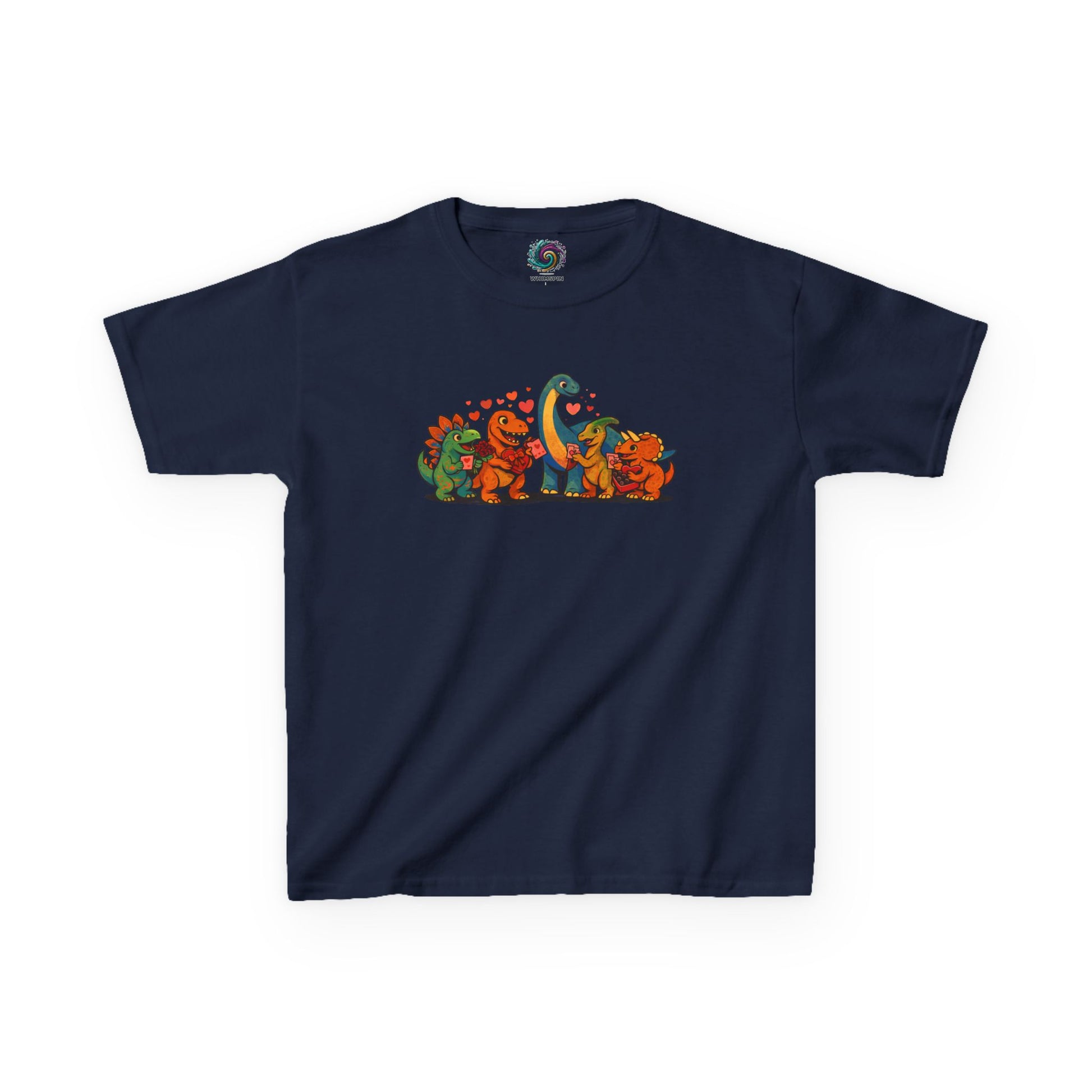 Kids Dino Friends T-Shirt – Cute Cartoon Dinosaurs Graphic Tee for Children lay flat in navy, featuring friendly cartoon dinosaurs with hearts, kids Valentine’s dinosaurs graphic tee