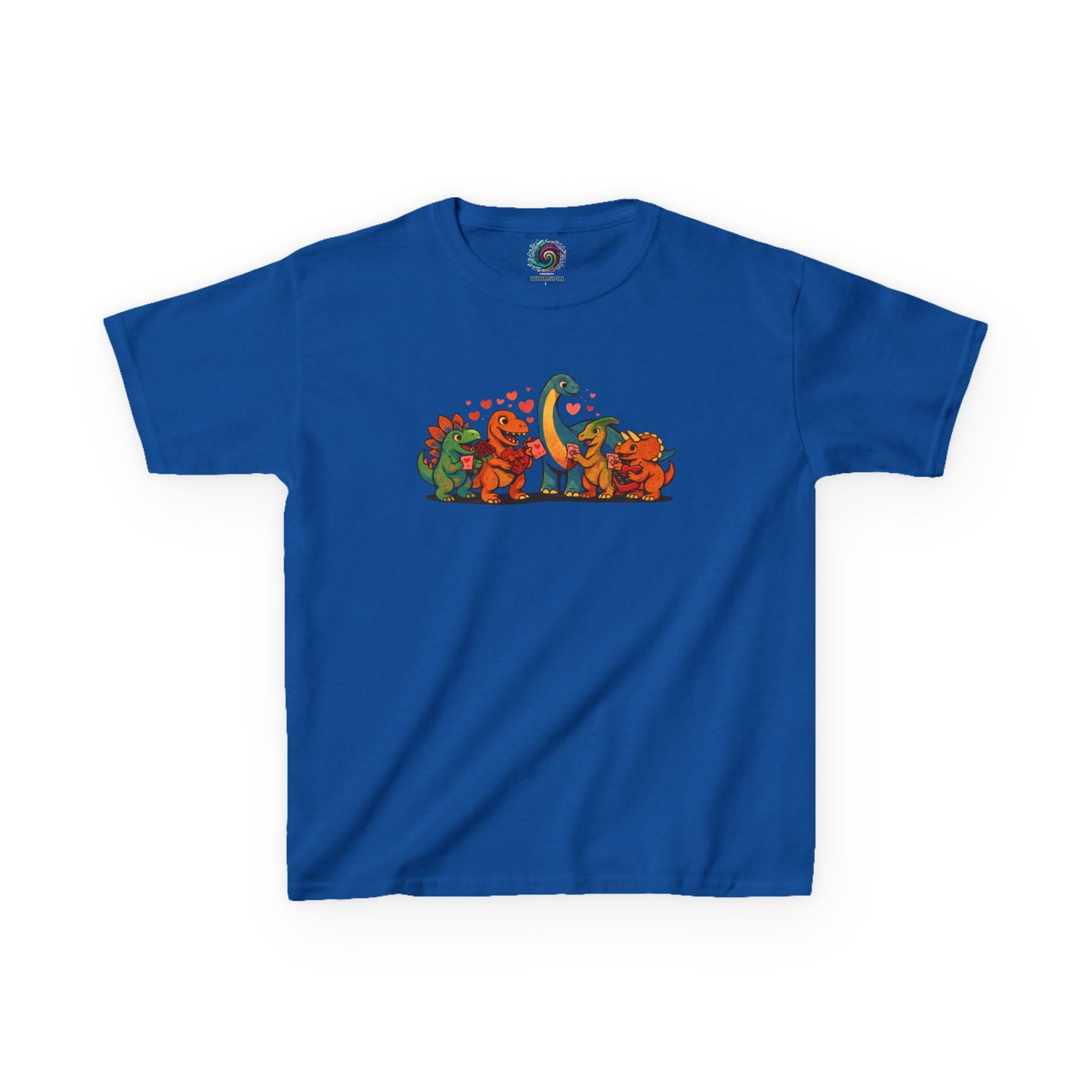Kids Dino Friends T-Shirt – Cute Cartoon Dinosaurs Graphic Tee for Children lay flat in royal blue, colorful cartoon dinosaur friends design for children