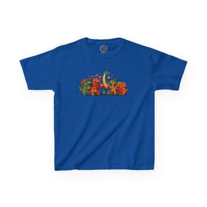 Kids Dino Friends T-Shirt – Cute Cartoon Dinosaurs Graphic Tee for Children lay flat in royal blue, colorful cartoon dinosaur friends design for children
