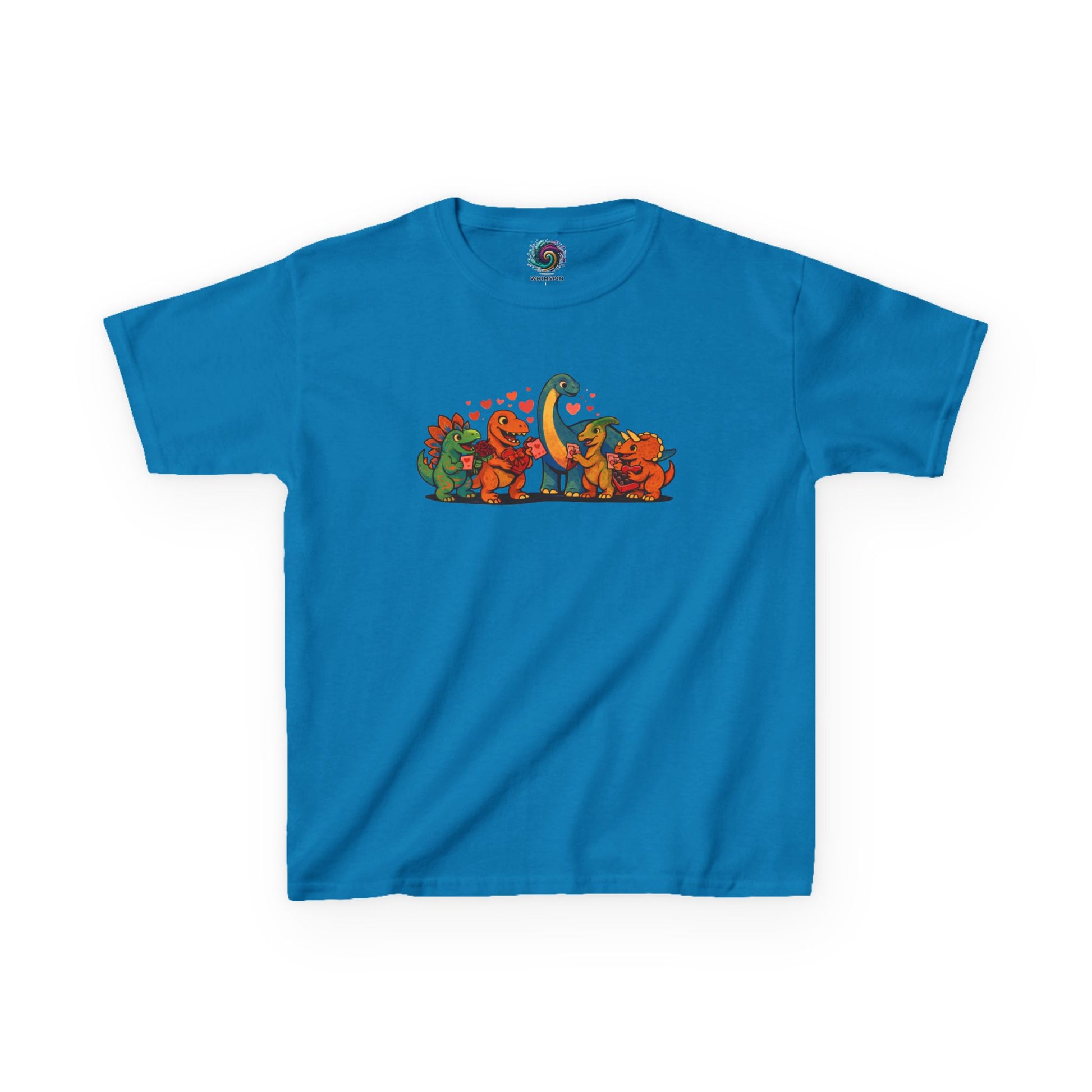 Kids Dino Friends T-Shirt – Cute Cartoon Dinosaurs Graphic Tee for Children lay flat in sapphire blue, playful cartoon dinosaur friends illustration