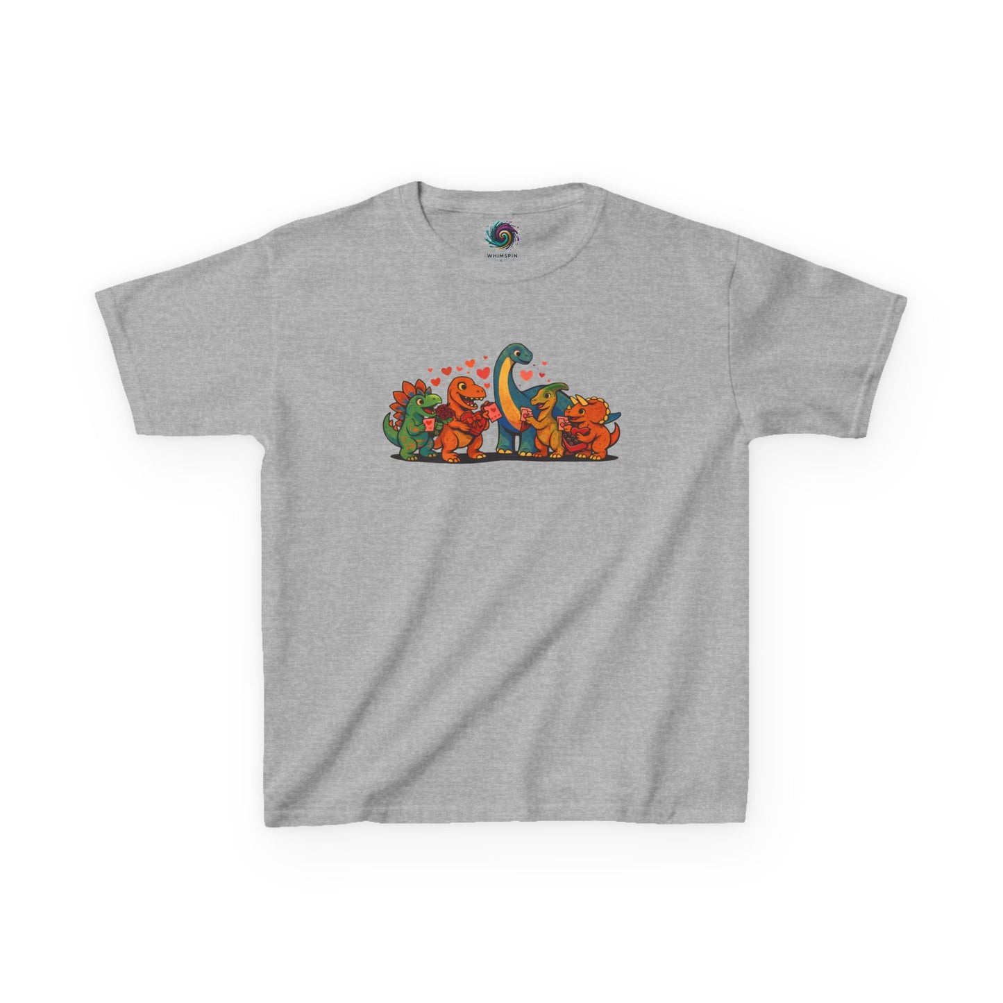 Kids Dino Friends T-Shirt – Cute Cartoon Dinosaurs Graphic Tee for Children lay flat in sport grey, cheerful dinosaur friends design for children