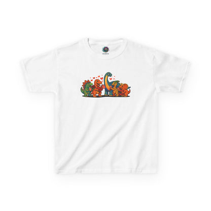Kids Dino Friends T-Shirt – Cute Cartoon Dinosaurs Graphic Tee for Children lay flat in white, colorful kids Valentine’s dinosaur friends illustration