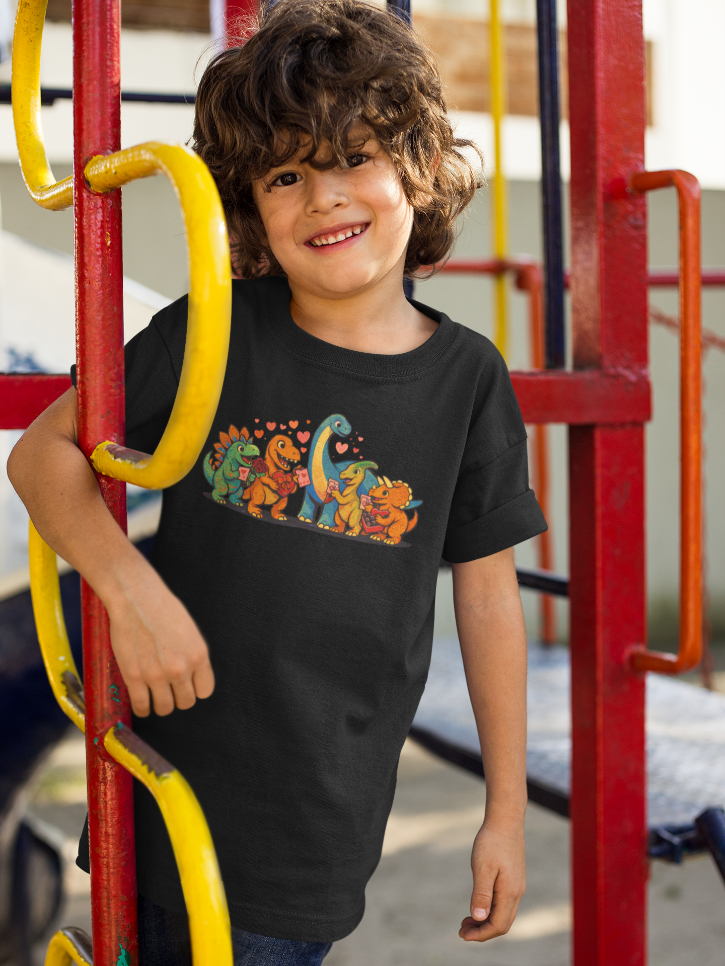 Kids Dino Friends T-Shirt – Cute Cartoon Dinosaurs Graphic Tee for Children shown on a child in a black tee at a playground, playful cartoon dinosaur friends graphic perfect for kids Valentine’s dino shirt