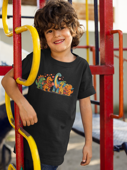 Kids Dino Friends T-Shirt – Cute Cartoon Dinosaurs Graphic Tee for Children shown on a child in a black tee at a playground, playful cartoon dinosaur friends graphic perfect for kids Valentine’s dino shirt