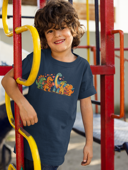 Kids Dino Friends T-Shirt – Cute Cartoon Dinosaurs Graphic Tee for Children styled on a child wearing a navy tee at a playground, cheerful dinosaur friends design for kids Valentine’s dinosaurs