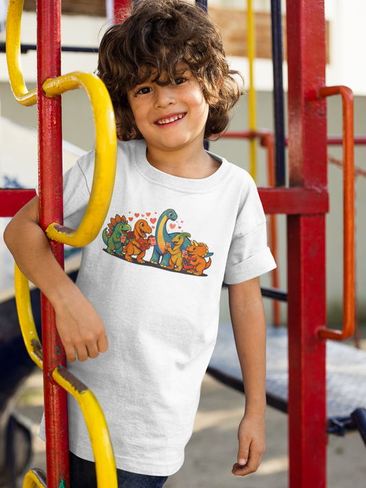 Kids Dino Friends T-Shirt – Cute Cartoon Dinosaurs Graphic Tee for Children worn by a smiling child playing on playground equipment, featuring colorful cartoon dinosaur friends with hearts, kids Valentine’s dinosaur shirt