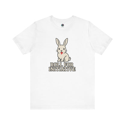 Roll for Initiative T-Shirt – Killer Bunny Humor Gaming Tee in crisp white, showcasing the deceptively cute but deadly bunny