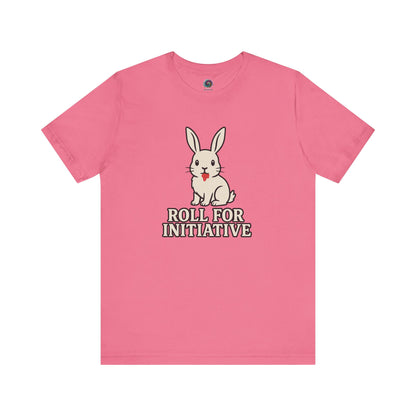 Roll for Initiative T-Shirt – Killer Bunny Humor Gaming Tee in charity pink, a playful color with a deceptively vicious twist