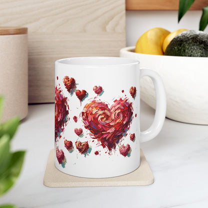 Impressionistic Heart Mug – Artistic Valentine's Day Coffee Cup 11oz & 15 oz displayed in a bright kitchen setting, highlighting a swirling impressionistic heart design inspired by artistic Valentine aesthetics.