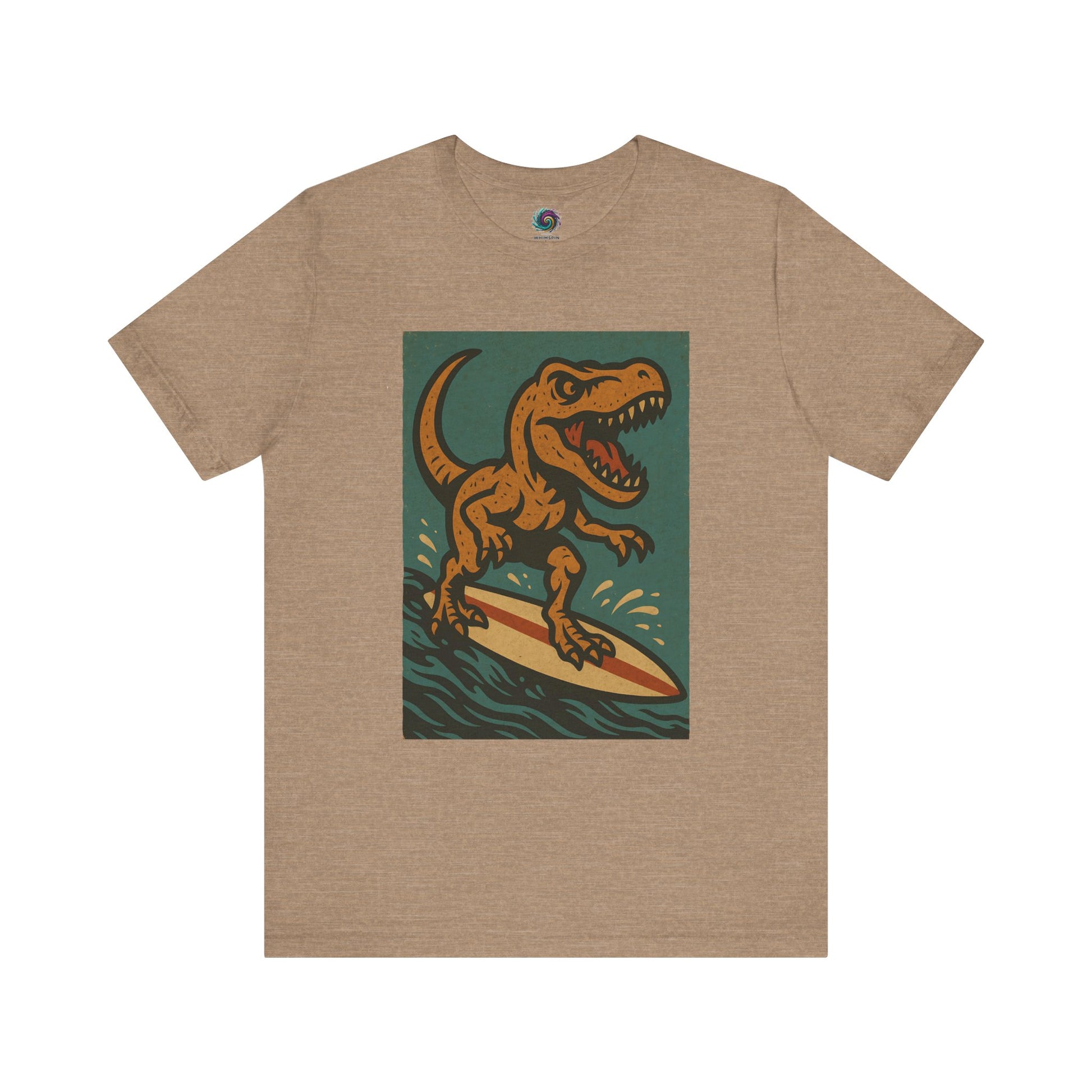 Surfing T-Rex T-Shirt – Funny surfing Dinosaur Graphic Tee  in heather tan, featuring a dinosaur surf scene — a chill pick for your next beach trip.