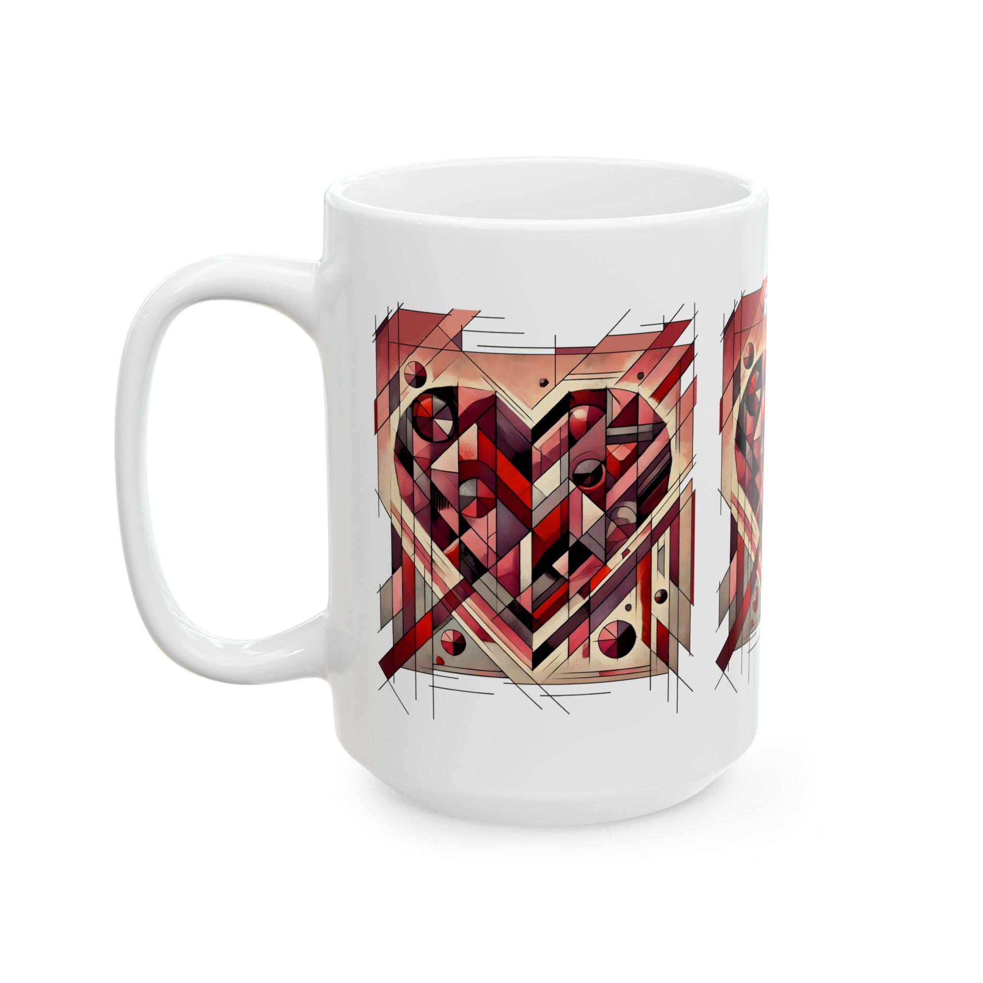 Cubist Heart Mug – Modern Art Valentine's Day Ceramic Coffee Cup (11oz/15oz) shown in the 15oz size with the same cubist heart artwork scaled for a bigger statement mug.
