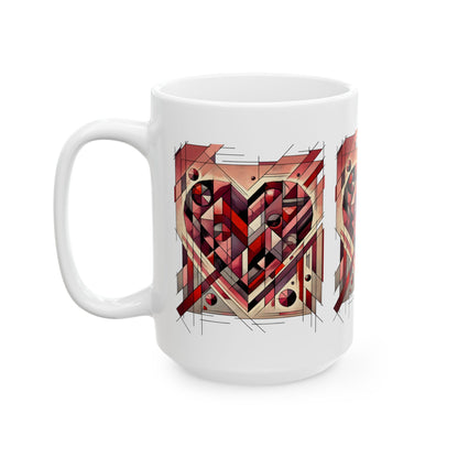 Cubist Heart Mug – Modern Art Valentine's Day Ceramic Coffee Cup (11oz/15oz) shown in the 15oz size with the same cubist heart artwork scaled for a bigger statement mug.