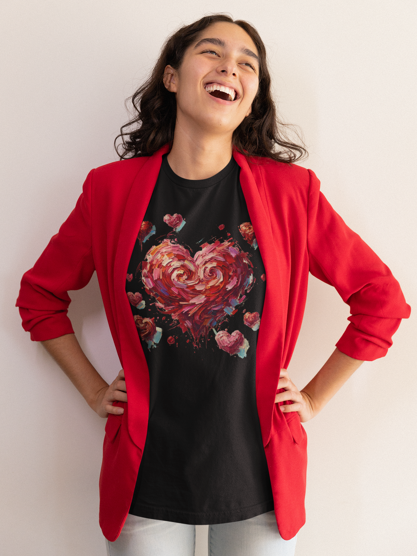 Woman in red blazer laughing and wearing Black Impressionistic Heart T-Shirt – Artistic Valentine's Day Tee