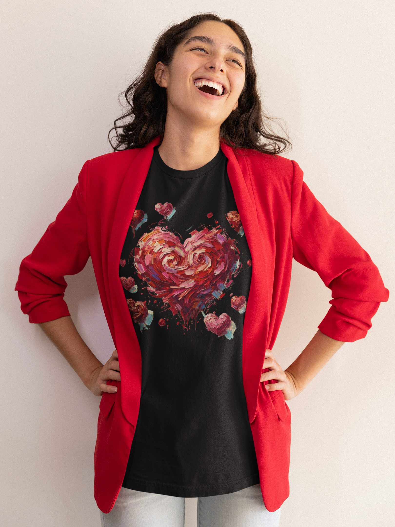 Woman in red blazer laughing and wearing Black Impressionistic Heart T-Shirt – Artistic Valentine's Day Tee