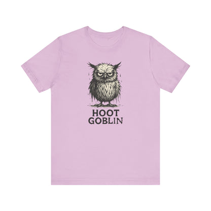 Light purple owl t-shirt with 'Hoot Goblin' graphic on a white background