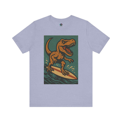 Lavender Surfing t-rex t shirt  from WhimSpin- A rearing t Rex riding a yellow surf board on the waves