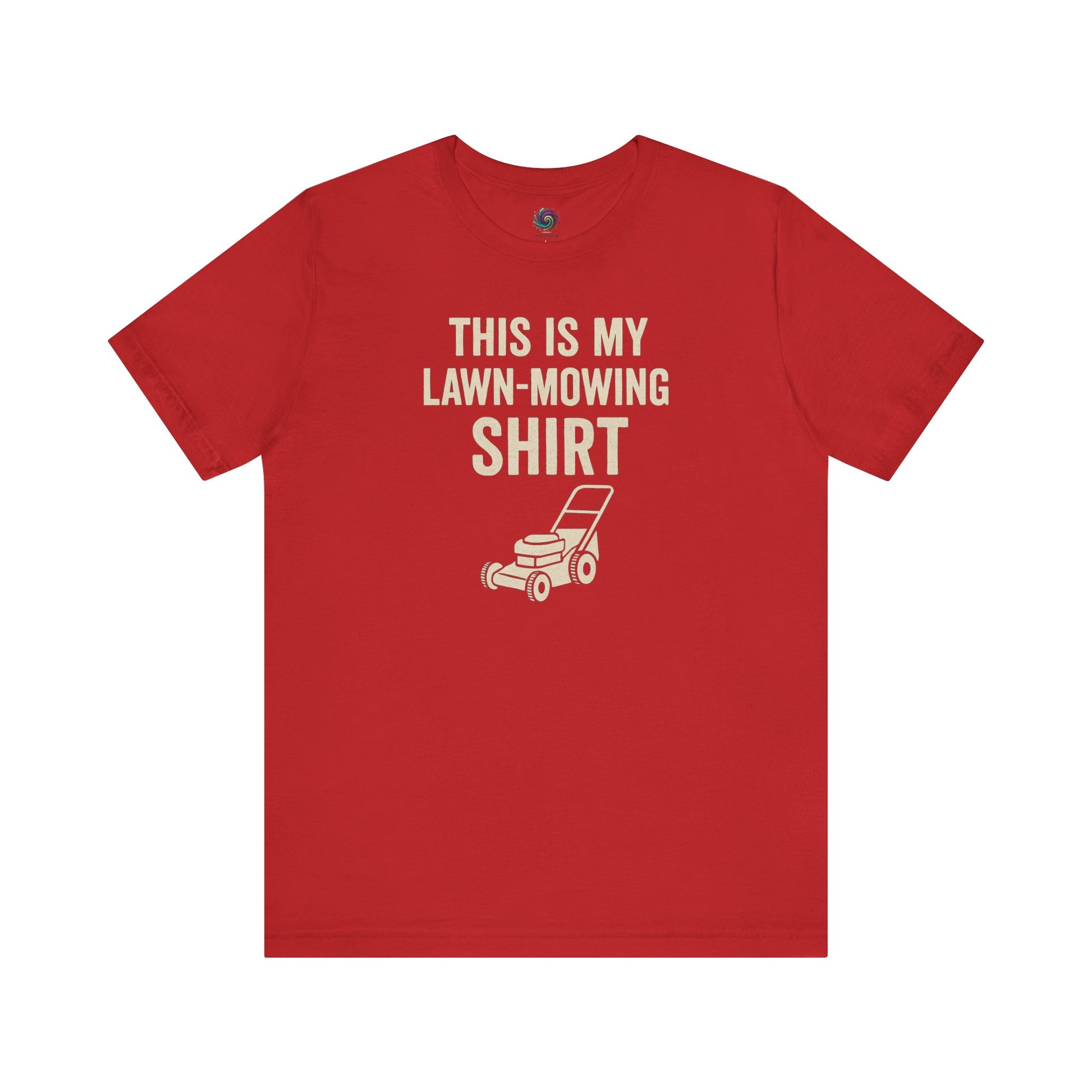 Funny Lawn Mowing Shirt – Summer Yard Work T-Shirt with Mower Graphic in vibrant red, ideal for sunny summer chores.