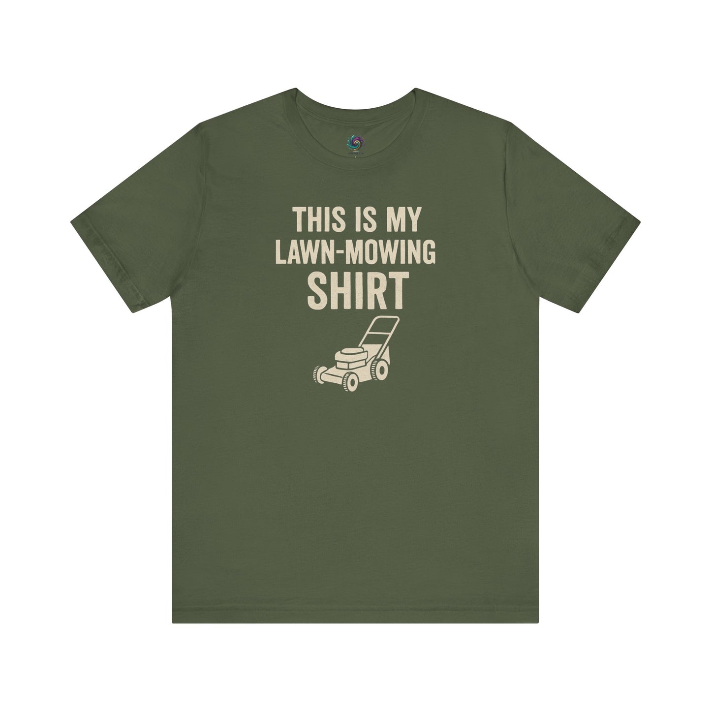 Funny Lawn Mowing Shirt – Summer Yard Work T-Shirt with Mower Graphic in military green, subtle and playful graphic tee.