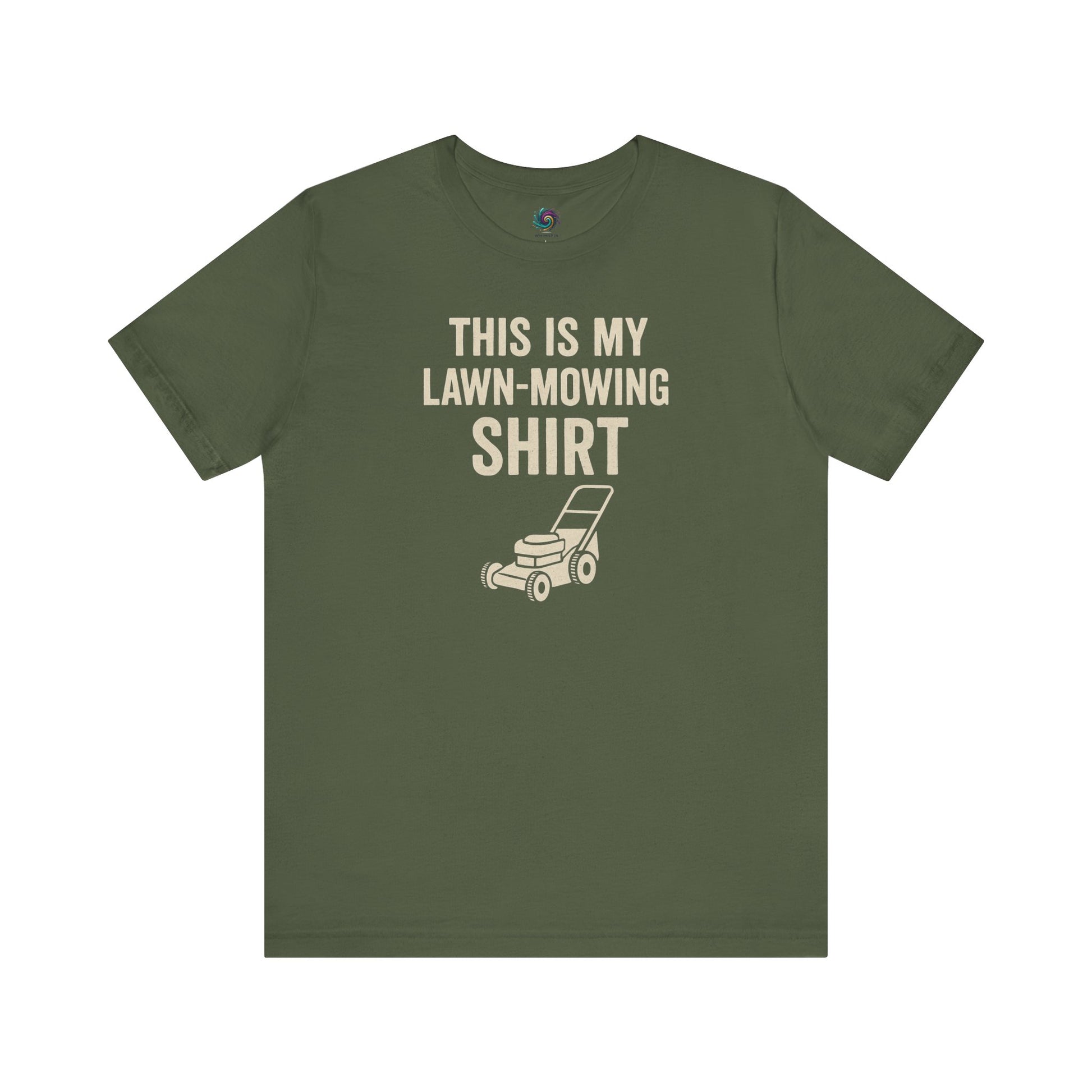 Funny Lawn Mowing Shirt – Summer Yard Work T-Shirt with Mower Graphic in military green, subtle and playful graphic tee.