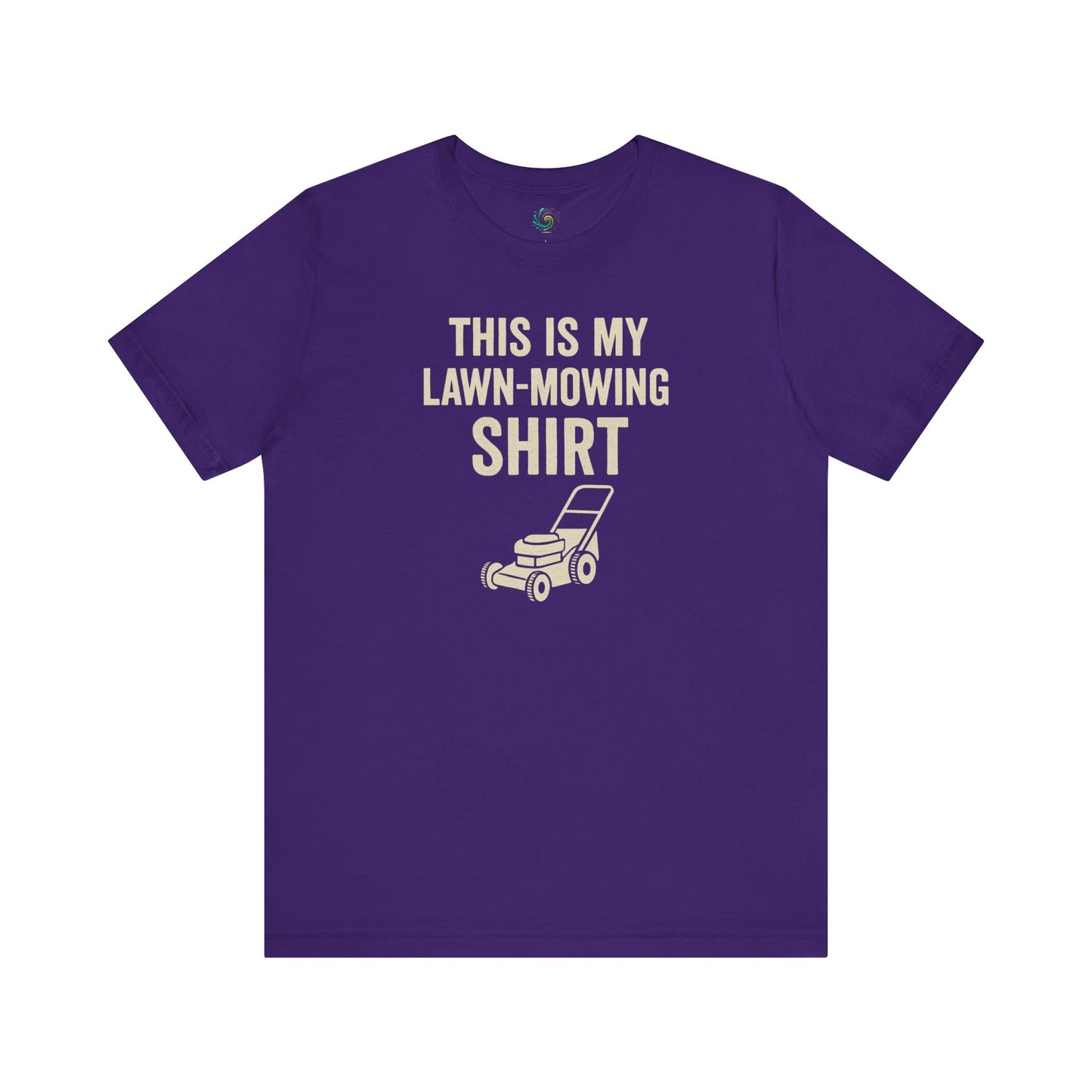 Funny Lawn Mowing Shirt – Summer Yard Work T-Shirt with Mower Graphic in team purple, adding humor to lawncare routines.