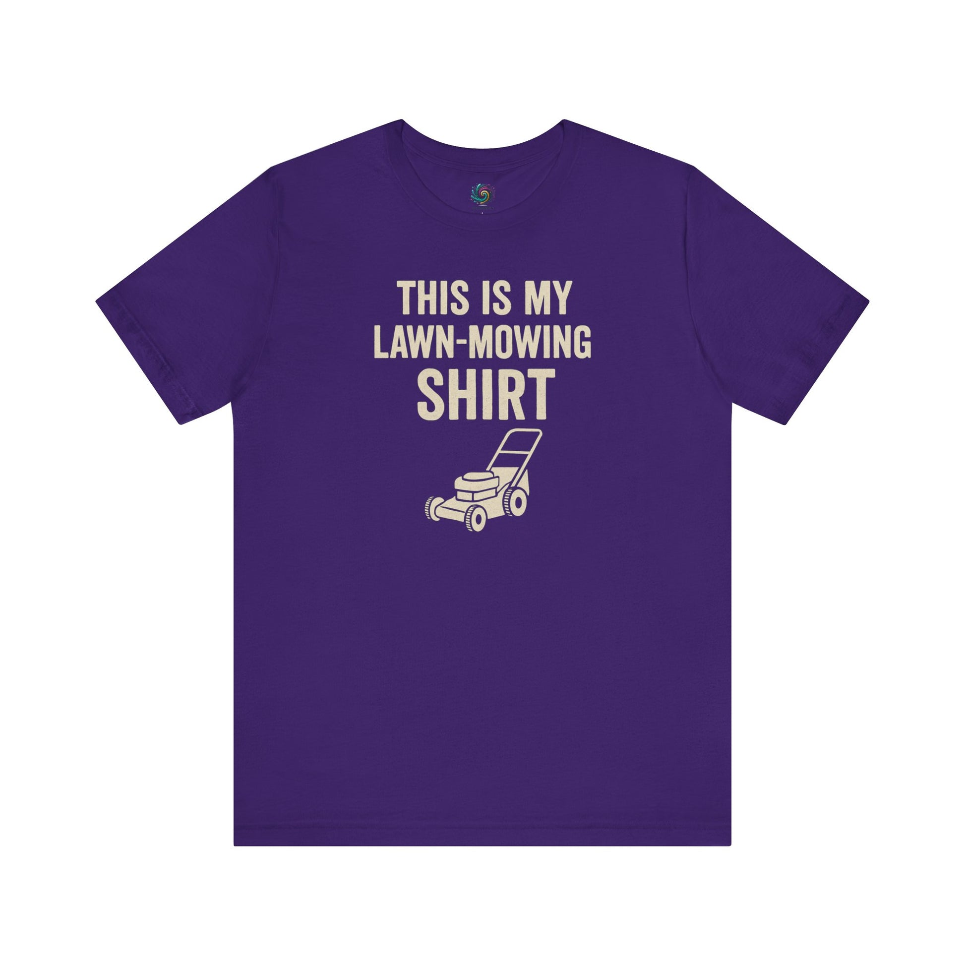 Funny Lawn Mowing Shirt – Summer Yard Work T-Shirt with Mower Graphic in team purple, adding humor to lawncare routines.