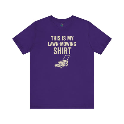 Funny Lawn Mowing Shirt – Summer Yard Work T-Shirt with Mower Graphic in team purple, adding humor to lawncare routines.