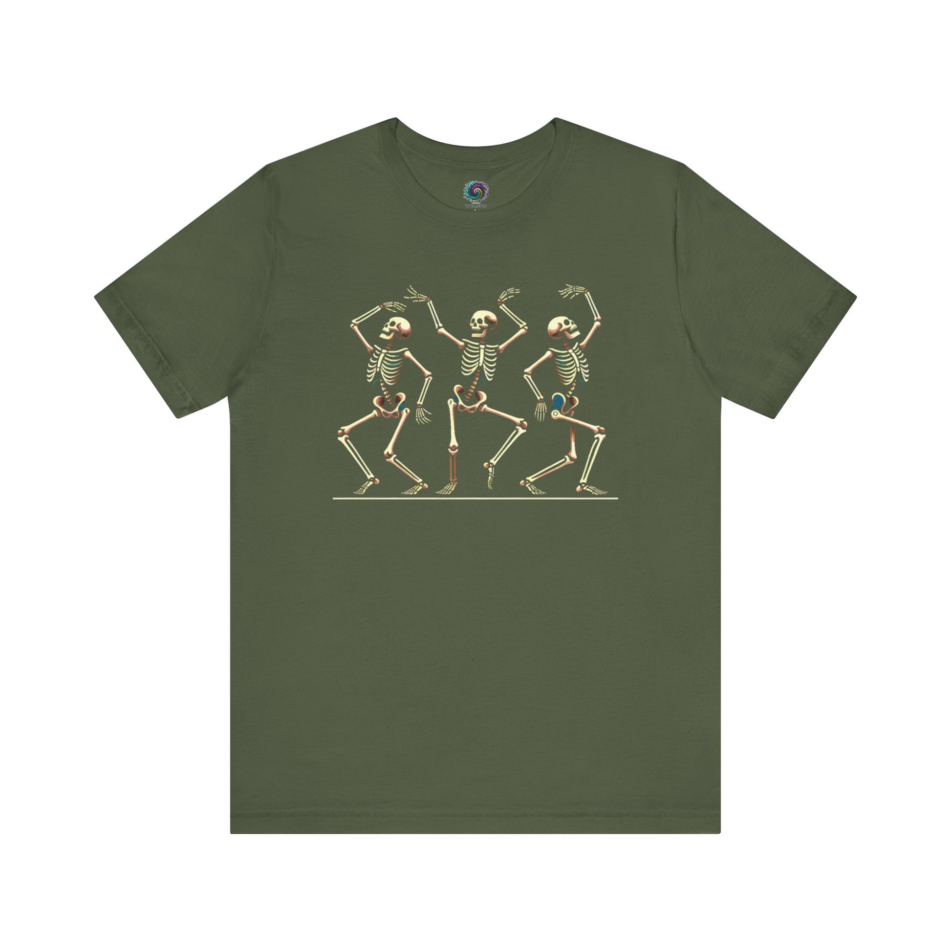 Military green tee with three spooky skeletons doing a retro dance—funny and festive for Halloween.
