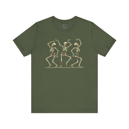 Military green tee with three spooky skeletons doing a retro dance—funny and festive for Halloween.