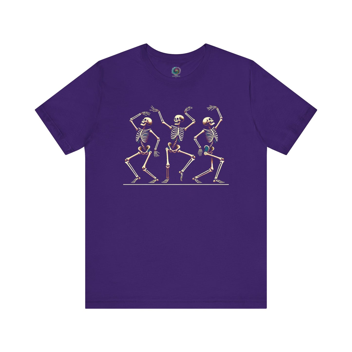 Team purple t-shirt featuring dancing skeletons in vintage cartoon style—great for spooky season lovers.