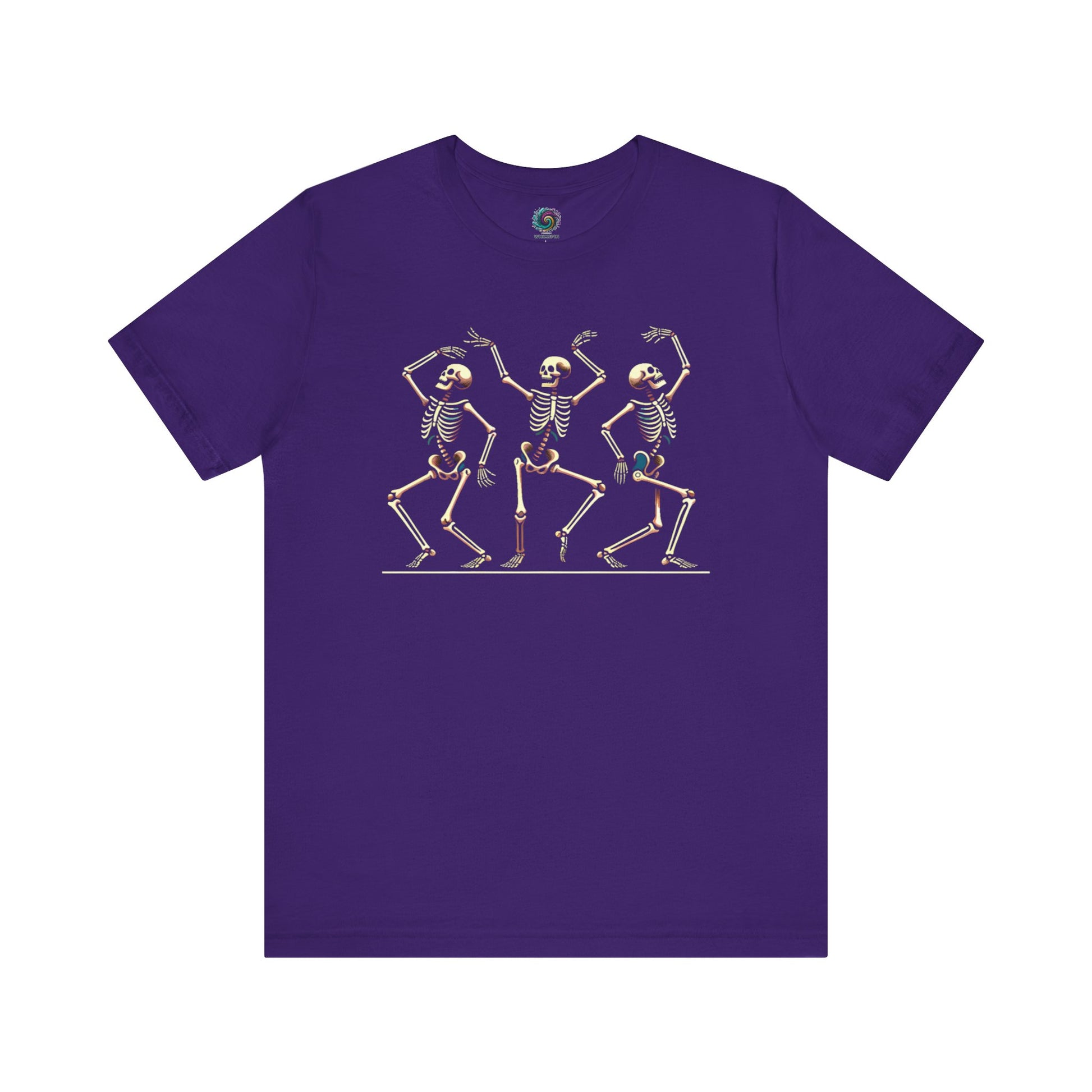 Team purple t-shirt featuring dancing skeletons in vintage cartoon style—great for spooky season lovers.
