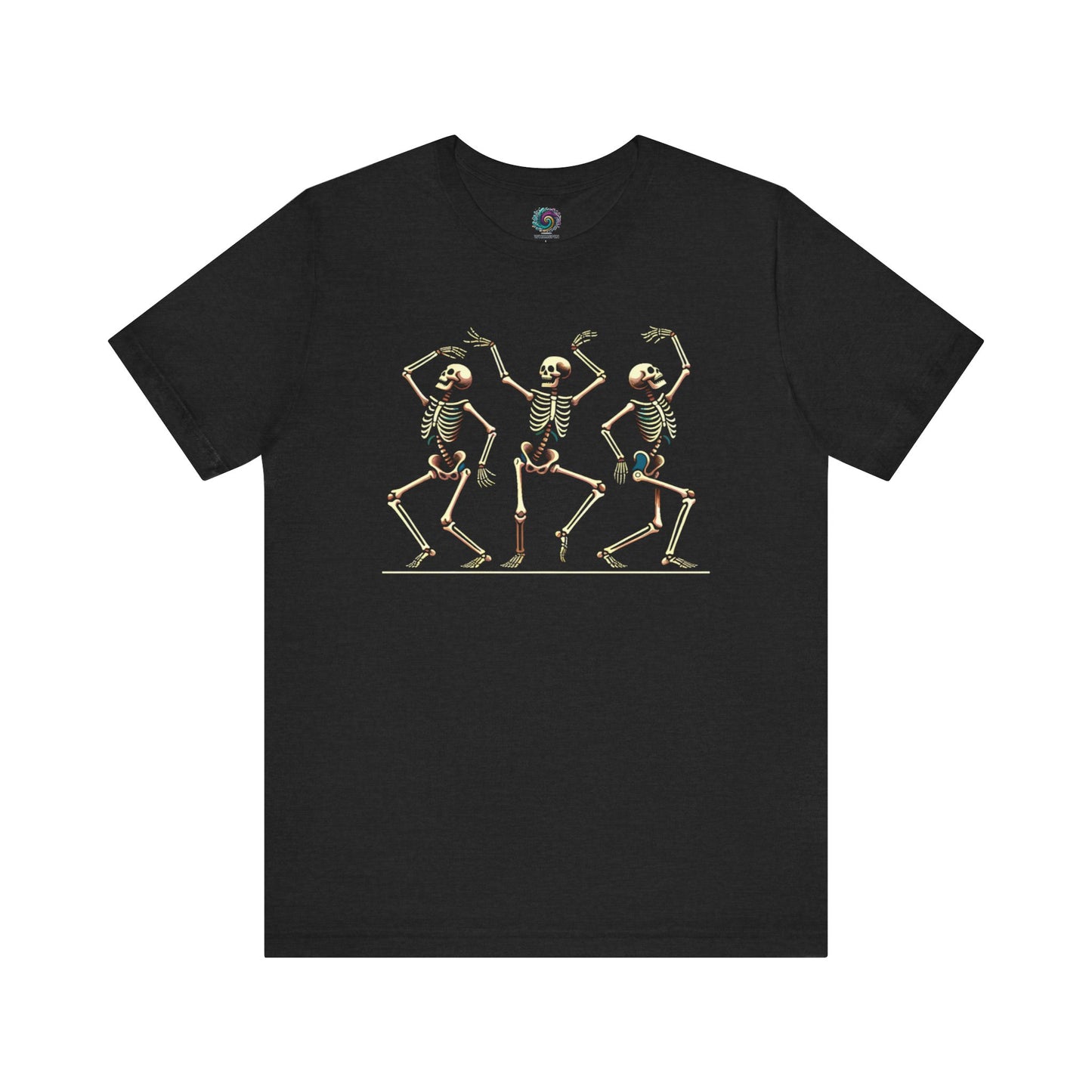Soft solid black blend t-shirt with bold white dancing skeletons, making a fun and festive Halloween statement.