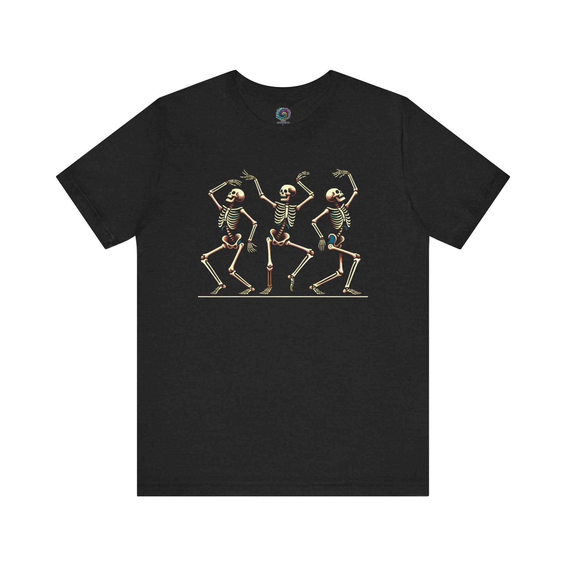 Soft solid black blend t-shirt with bold white dancing skeletons, making a fun and festive Halloween statement.