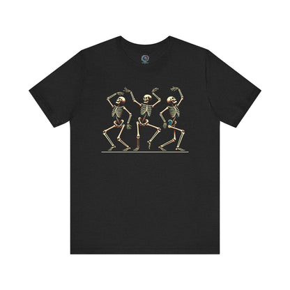 Soft solid black blend t-shirt with bold white dancing skeletons, making a fun and festive Halloween statement.