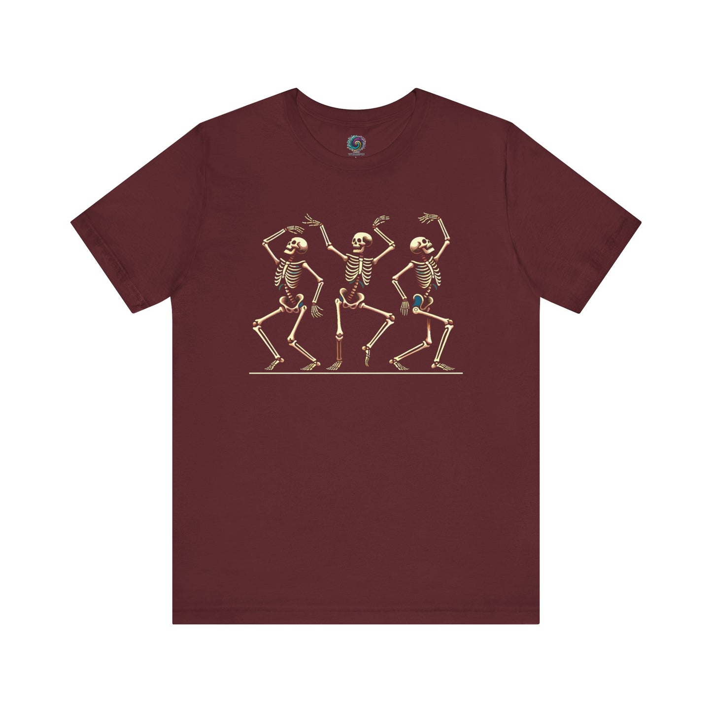 Maroon shirt featuring trio of animated skeletons dancing across the front—perfect for fall festivities and Halloween parties.