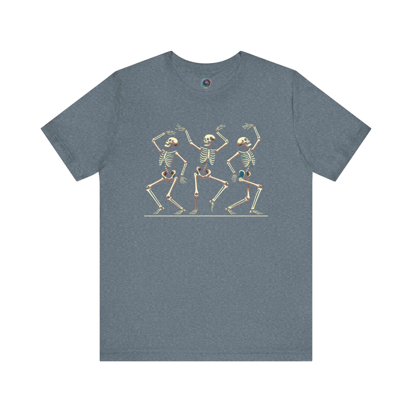Heather slate shirt with skeletons grooving in synchronized poses—fun and nostalgic Halloween design.