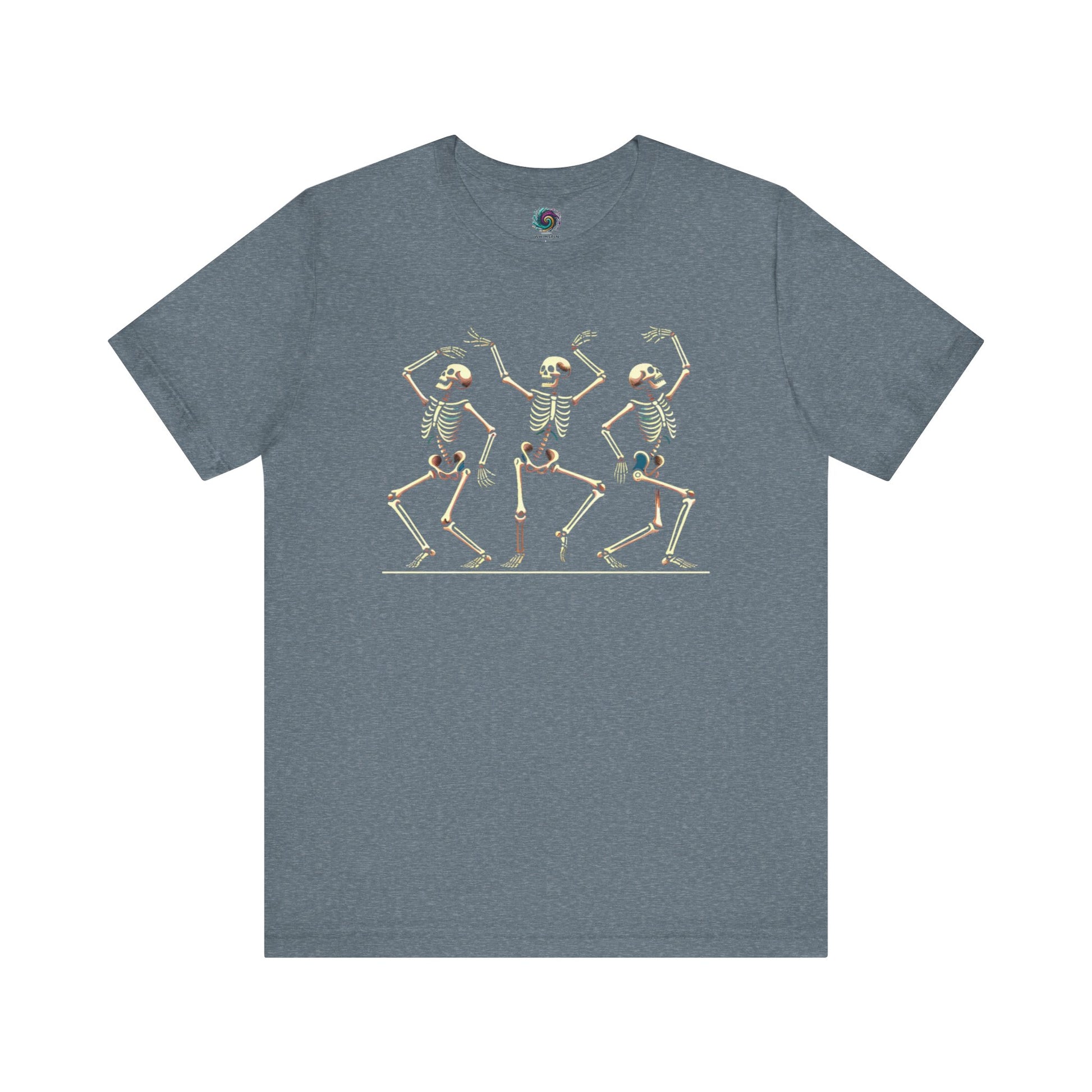 Heather slate shirt with skeletons grooving in synchronized poses—fun and nostalgic Halloween design.