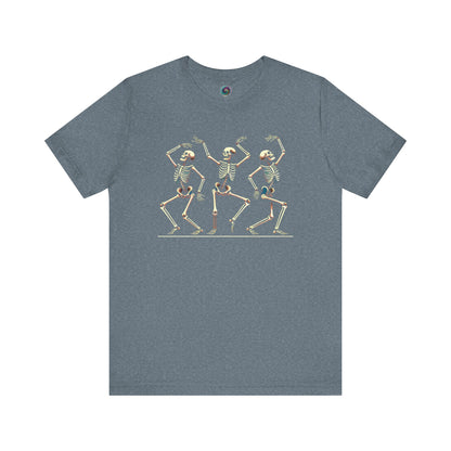 Heather slate shirt with skeletons grooving in synchronized poses—fun and nostalgic Halloween design.