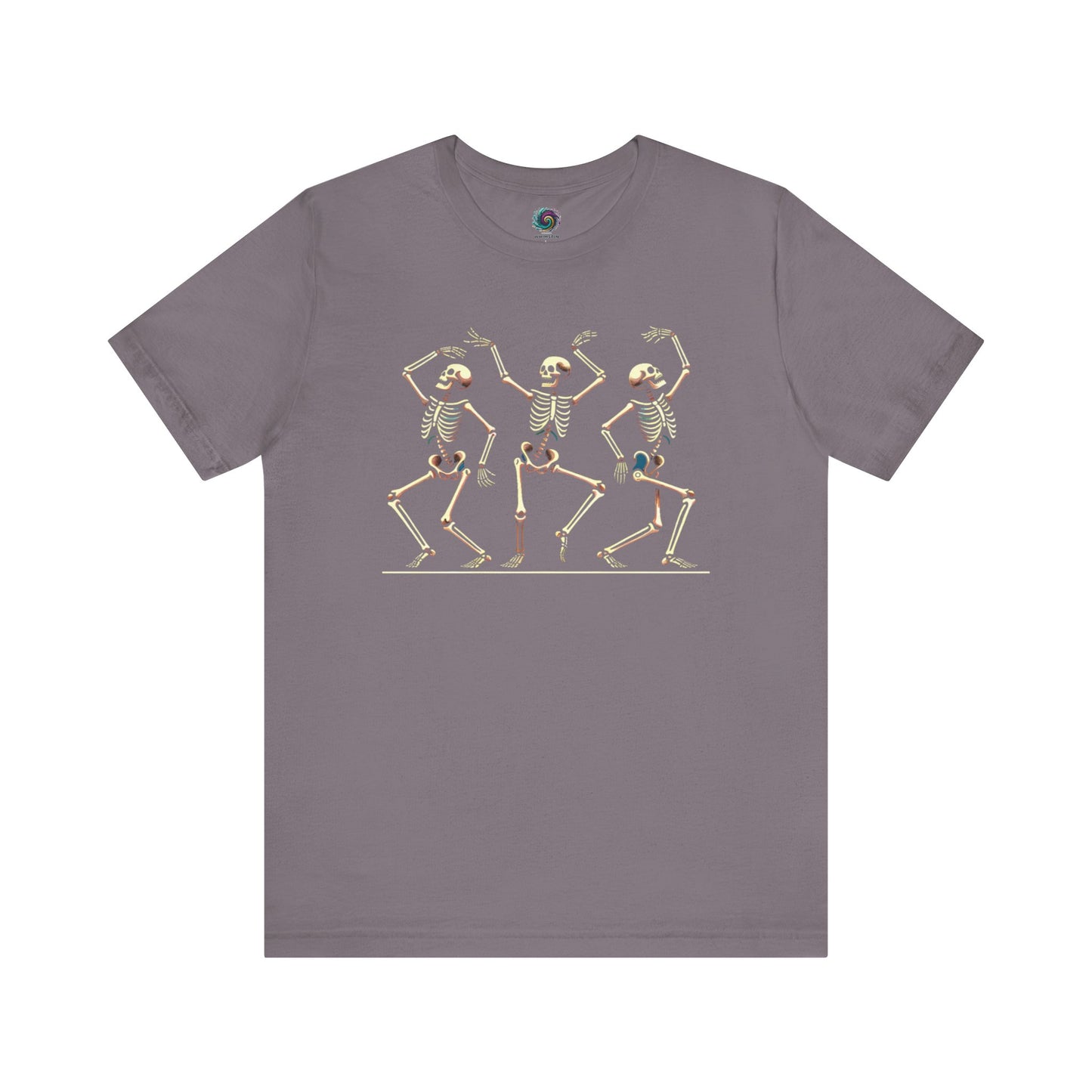 Storm gray shirt with vintage-style dancing skeleton trio—a soft and stylish Halloween wardrobe pick.