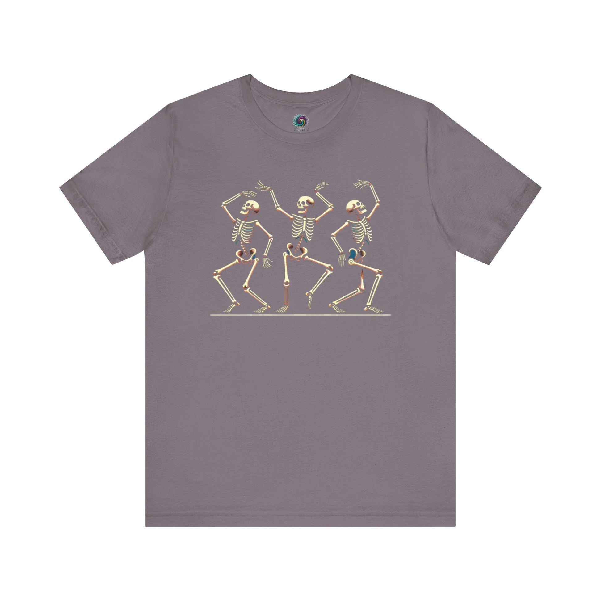 Storm gray shirt with vintage-style dancing skeleton trio—a soft and stylish Halloween wardrobe pick.