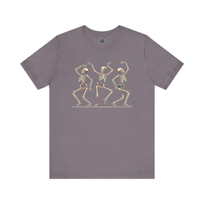 Storm gray shirt with vintage-style dancing skeleton trio—a soft and stylish Halloween wardrobe pick.