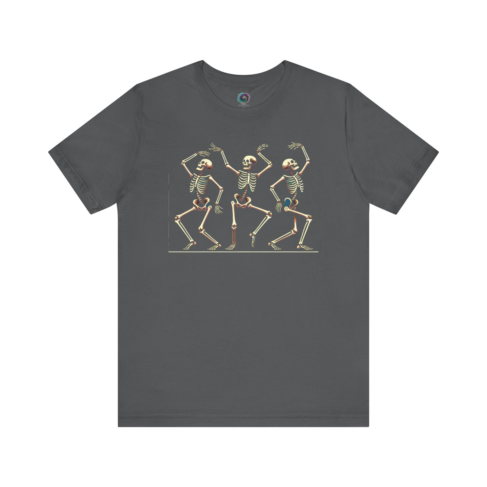 Dancing Skeleton T-Shirt – Funny Halloween Skeleton Shirt for Spooky Season, Asphalt-colored t-shirt with vintage-style Dancing Skeleton graphic featuring three animated skeletons moving joyfully—perfect for spooky season flair.