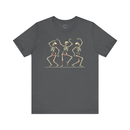 Dancing Skeleton T-Shirt – Funny Halloween Skeleton Shirt for Spooky Season, Asphalt-colored t-shirt with vintage-style Dancing Skeleton graphic featuring three animated skeletons moving joyfully—perfect for spooky season flair.