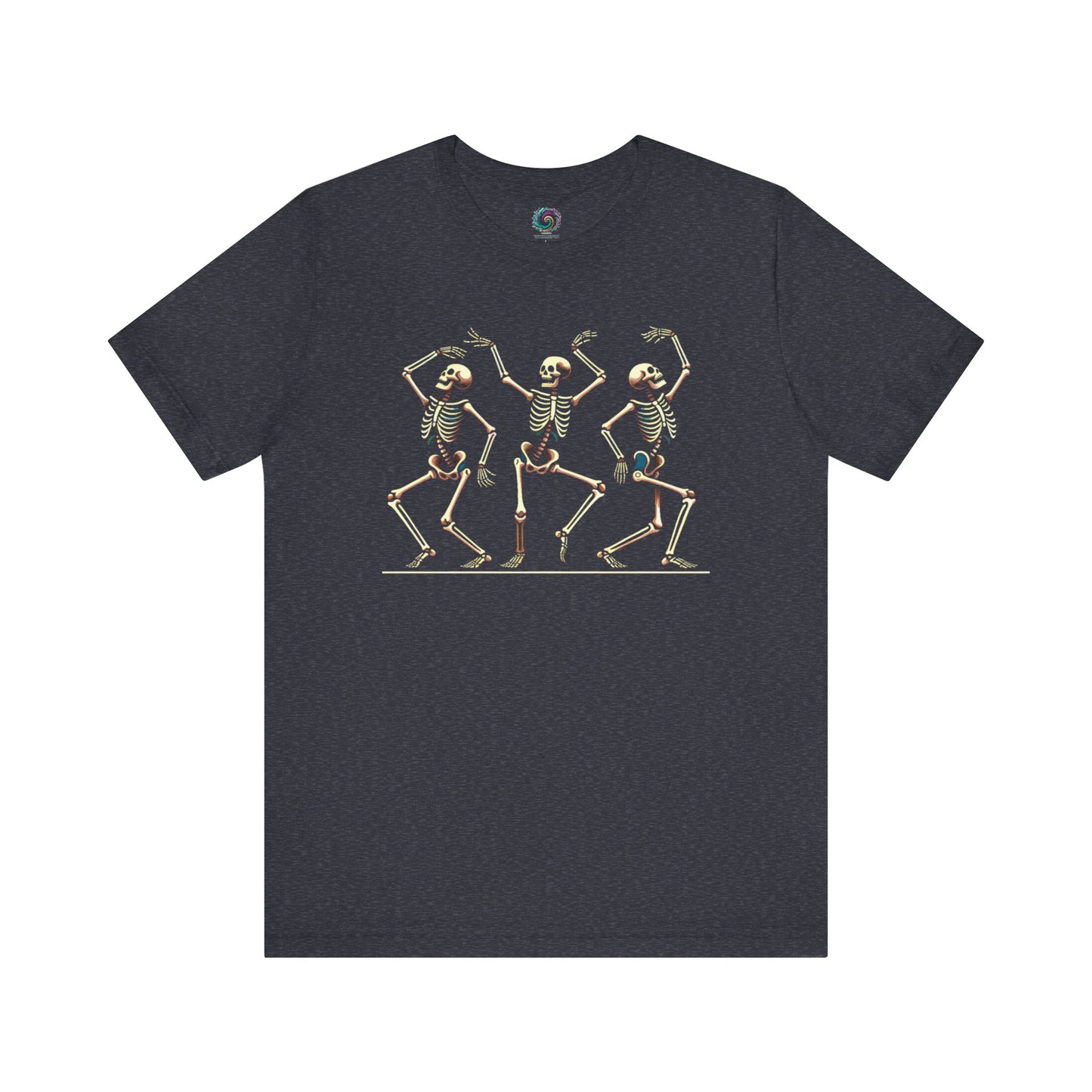 Heather midnight navy shirt showcasing a trio of vintage dancing skeletons—perfect for Halloween or year-round quirky fun.
