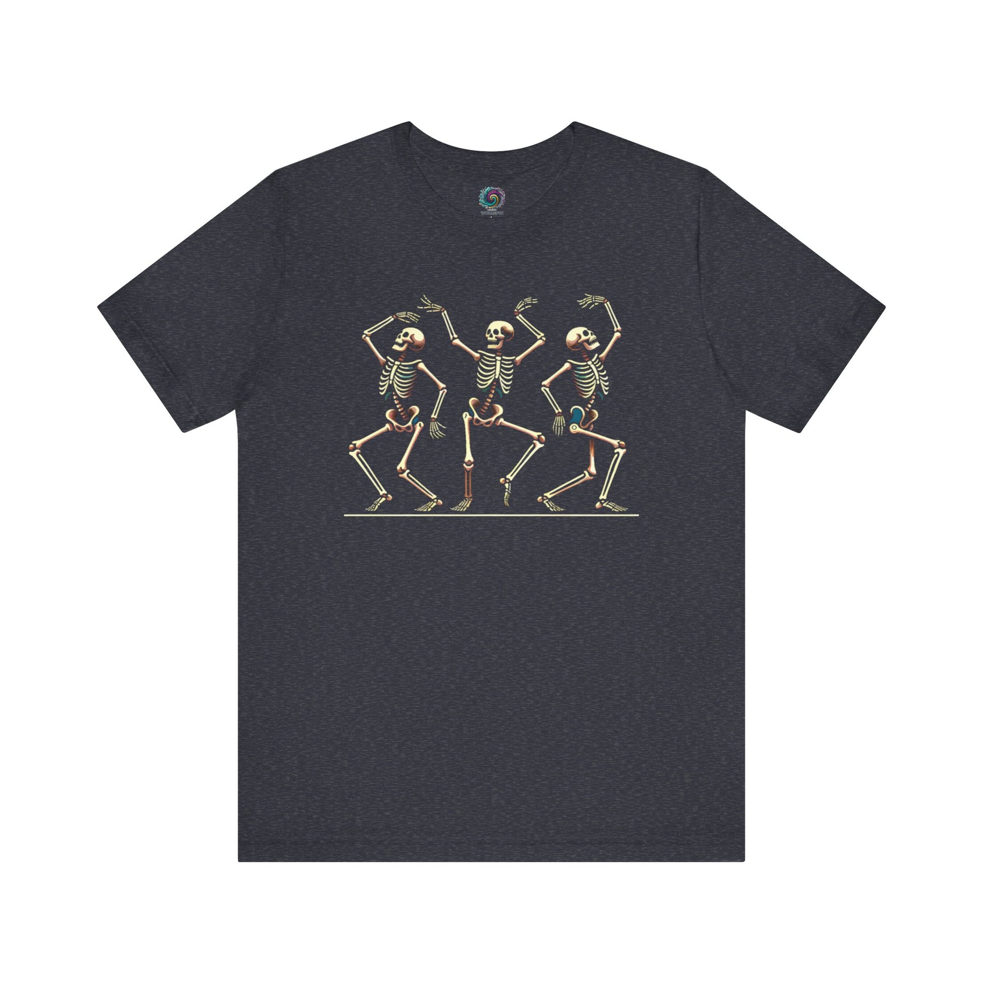 Heather midnight navy shirt showcasing a trio of vintage dancing skeletons—perfect for Halloween or year-round quirky fun.