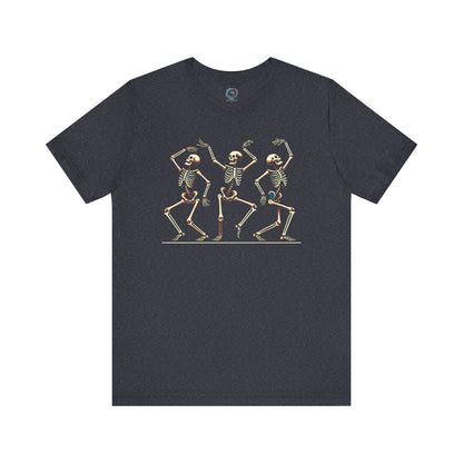 Heather midnight navy shirt showcasing a trio of vintage dancing skeletons—perfect for Halloween or year-round quirky fun.