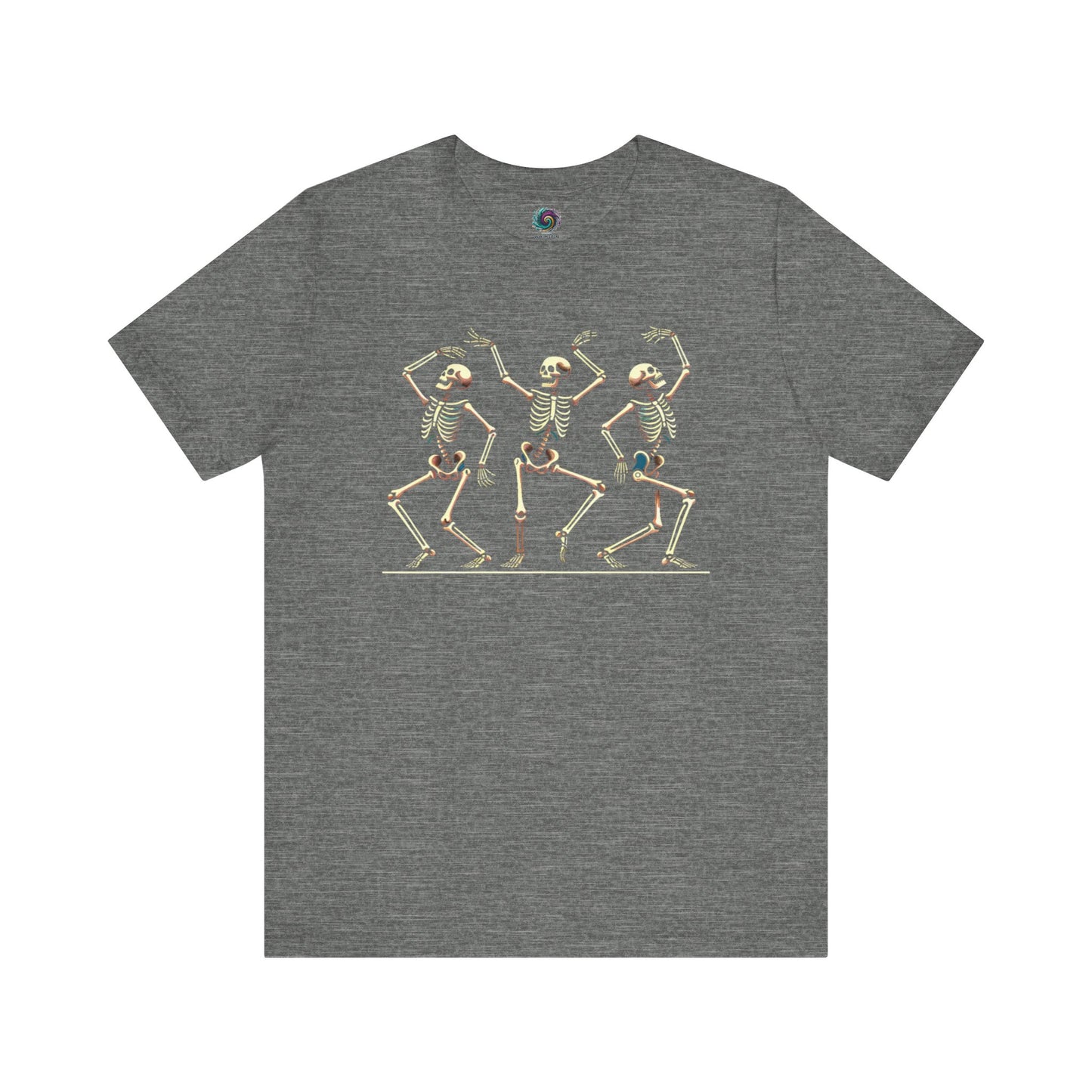 Deep heather grey t-shirt with trio of joyful skeletons dancing across the chest in a fun Halloween graphic style.