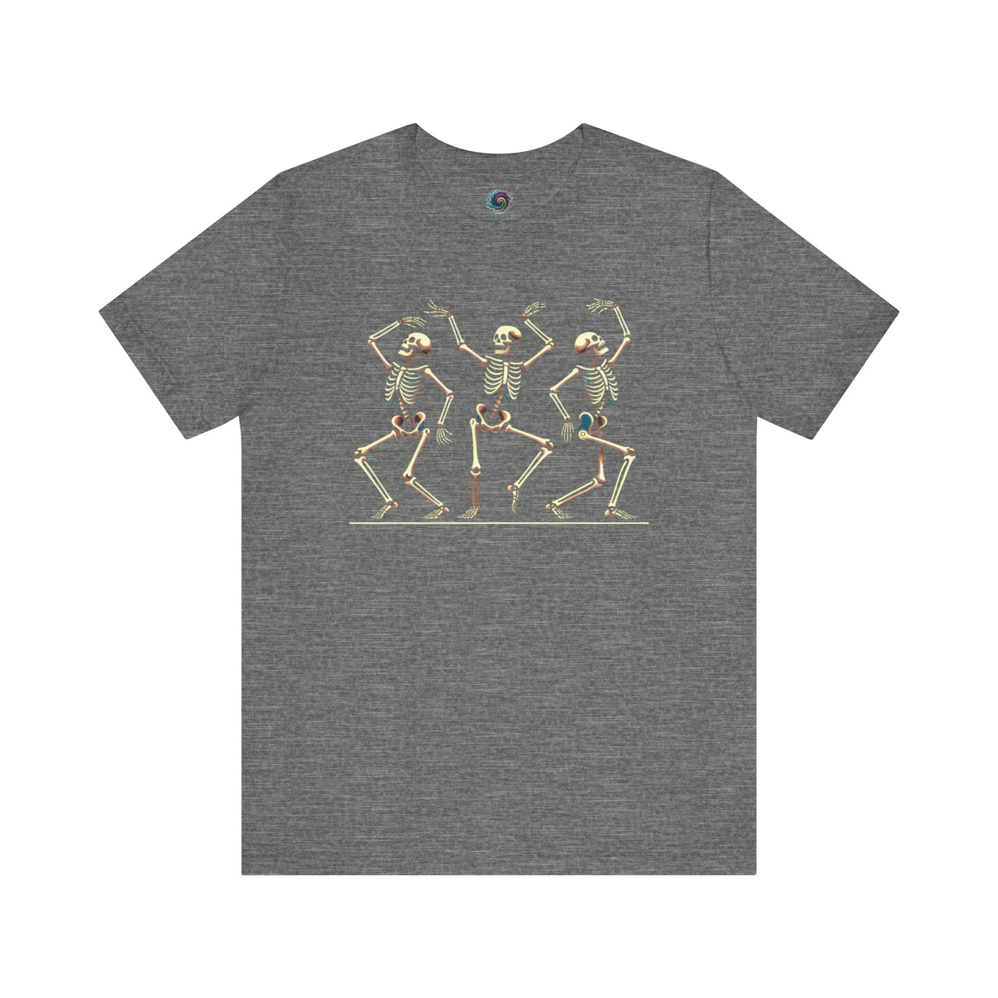 Deep heather grey t-shirt with trio of joyful skeletons dancing across the chest in a fun Halloween graphic style.